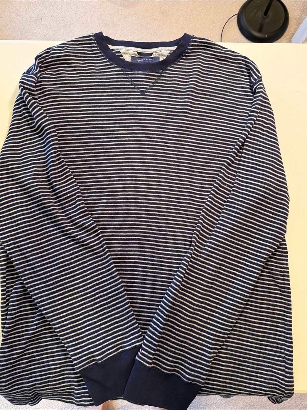 Tommy Hilfiger XXL Navy and White Striped Long-Sleeve Crew